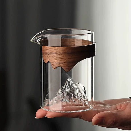 Mountain-Relief Glass Tea Pitcher with Wooden Collar