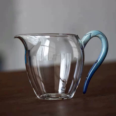 Clear Glass Tea Pitcher with Blue Accent Handle